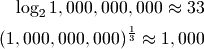 \log_2{1,000,000,000} \approx 33

(1,000,000,000)^\frac{1}{3} \approx 1,000